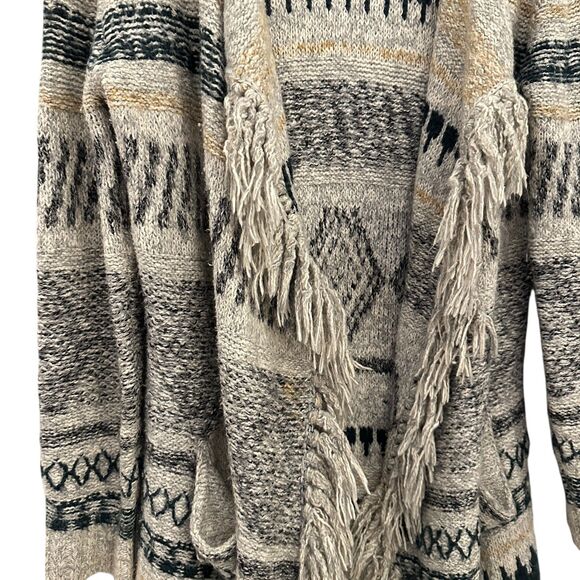 Cabi Grey, Gold + Black Aztec Waterfall Open Cardigan with Fringe Pockets Size S - Picture 3 of 8